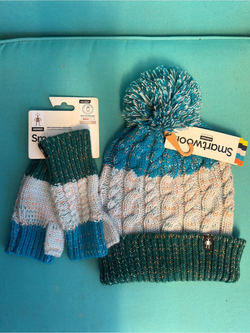 Smartwool Women’s Teal, Blue & Cream Pom Beanie with Matching Fingerless Mitts